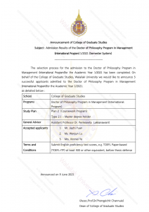 Admission Result - PhD in Management 1-2021