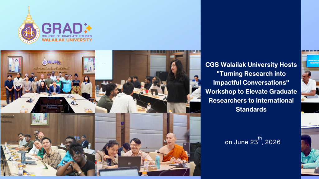 Walailak University graduate students participating in conversation and presentation practice during the CGS research impact workshop.