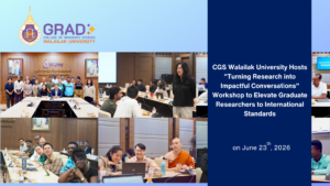 Walailak University graduate students participating in conversation and presentation practice during the CGS research impact workshop.