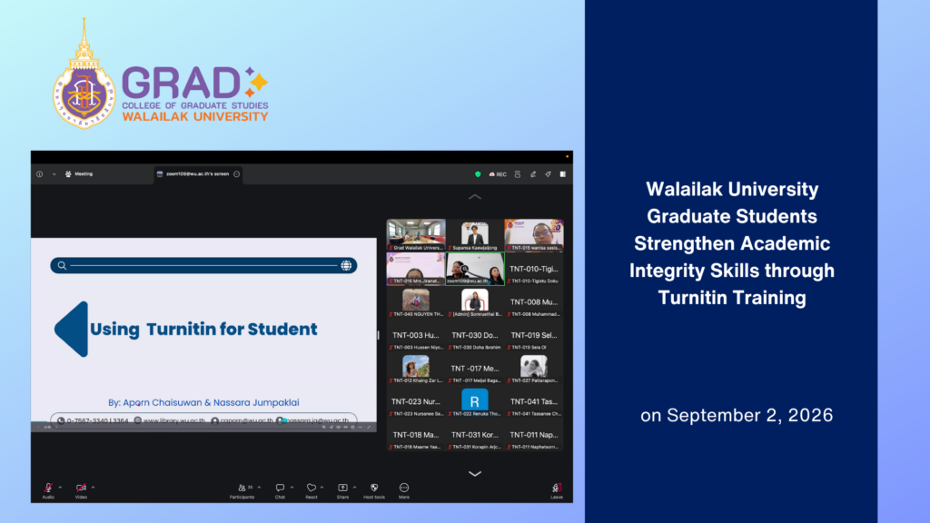 Thai and international graduate students participating in Turnitin academic integrity and similarity checking training via Zoom on 2 September 2026.