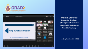 Thai and international graduate students participating in Turnitin academic integrity and similarity checking training via Zoom on 2 September 2026.